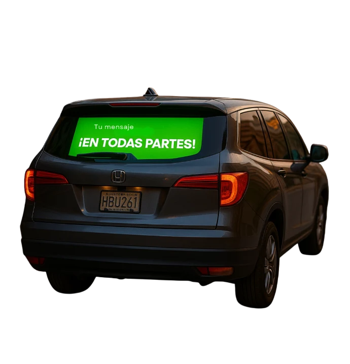 Formatos publicitarios LoopNetz: pantallas LED en autos y motos con geolocalización en tiempo real. Formatos publicitarios de LoopNetz con pantallas LED en carros y motos: vidrio trasero.